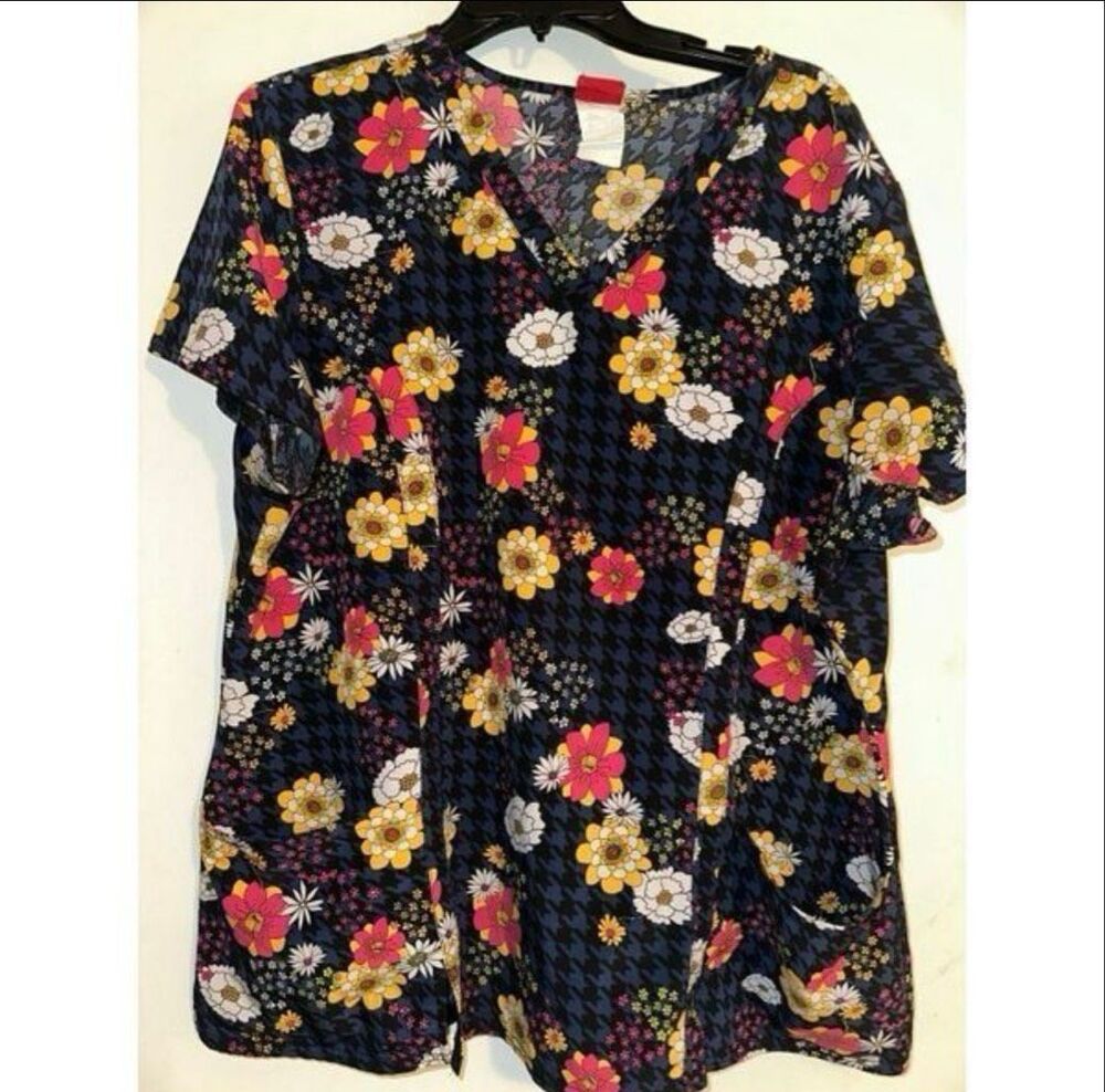 Dickies Women's 2XL Scrub Top V-Neck Floral Houndstooth Print Short Sleeve